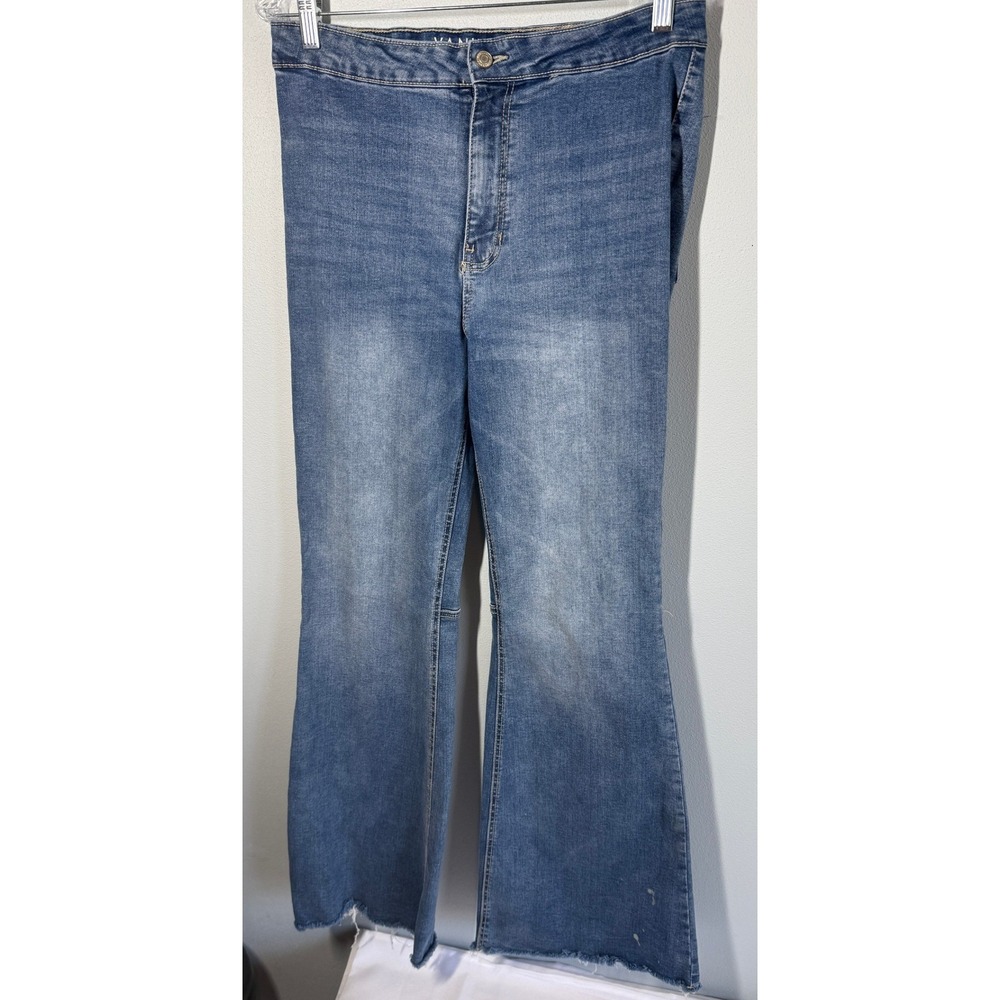 Vanilla Star Women Jeans Size 13 Blue High Rise Flare Raw Hem Boho Hippie Retro